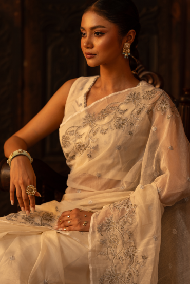 Half Silk Embroidered Floral Sari